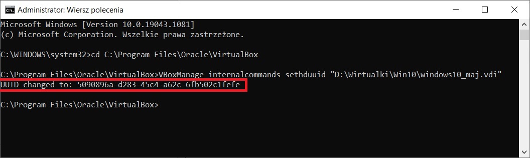 VirtualBox sethduuid changed