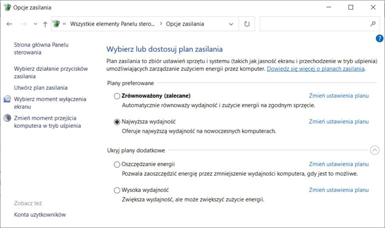 Read more about the article Optymalizacja: Jak włączyć plan zasilania Ultimate Performance, czyli  „Najwyższa wydajność”  oraz inne plany zasilania w systemie operacyjnym Windows 10.